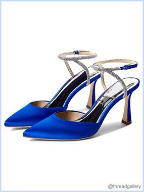Rhinestone Kitten High Satin Pumps Pointed Toe Sparkly Slingback Heels